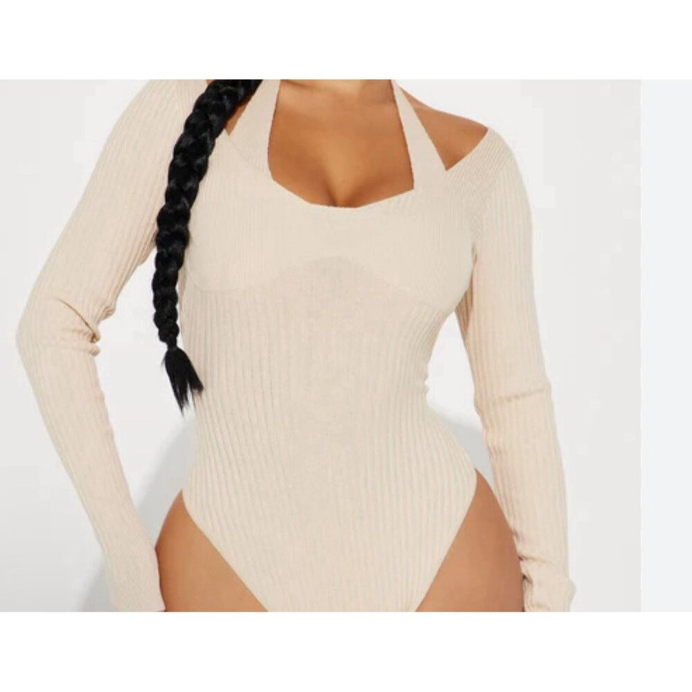 NWT Fashion Nova Bodysuit Womens Sz Large Ribbed Corinna Beige Tan Knit Long Slv